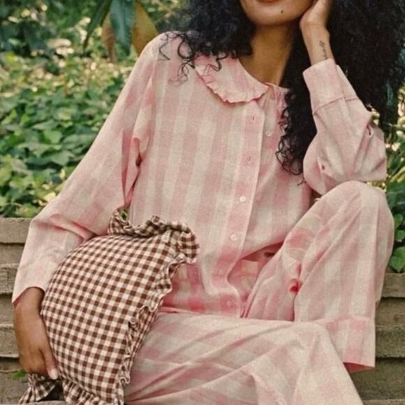 NWT Doen Paz Cotton Pink Ruffle Collar Pajama Blouse Top Rosette Gingham - Picture 1 of 11